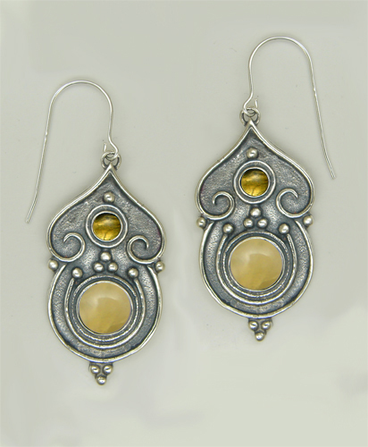 Sterling Silver Gothic Inspired Drop Dangle Earrings With Yellow Jade And Citrine